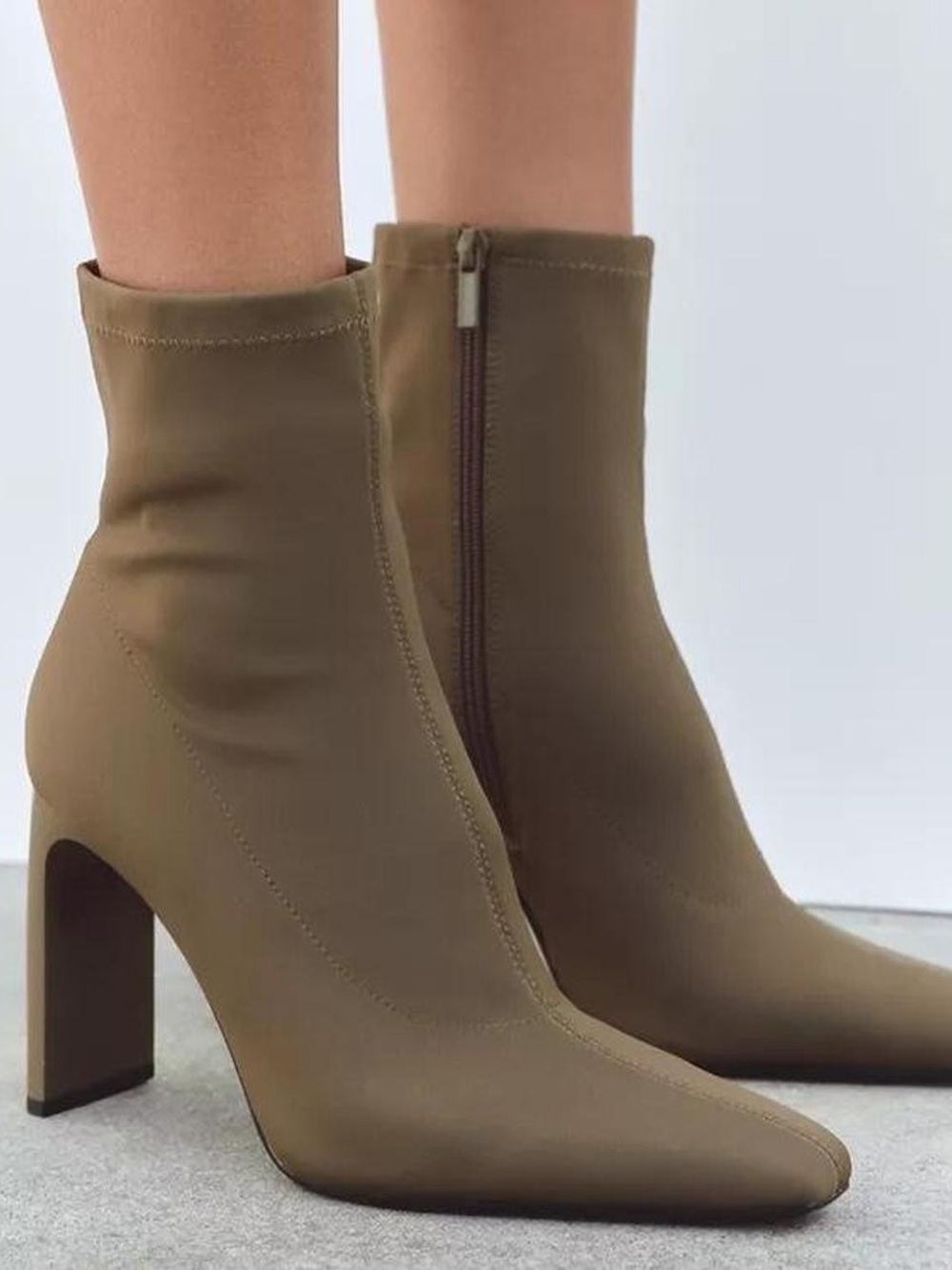 Zara Stretch Fabric Ankle Square Toe Brown Ankle Boots